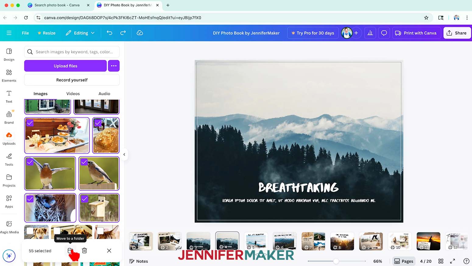 With photos selected, click the &ldquo;Move to a folder&rdquo; button in Canva.