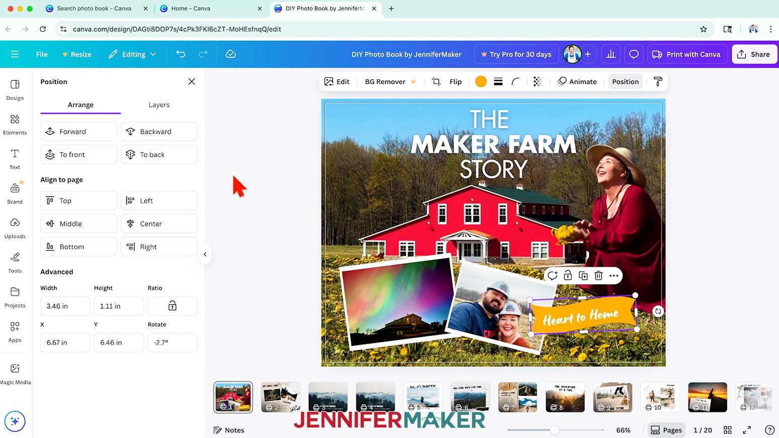 Select an element in Canva, click &ldquo;Position&rdquo; at the top, then use the "Arrange" options to move the element into your desired position on the canvas.