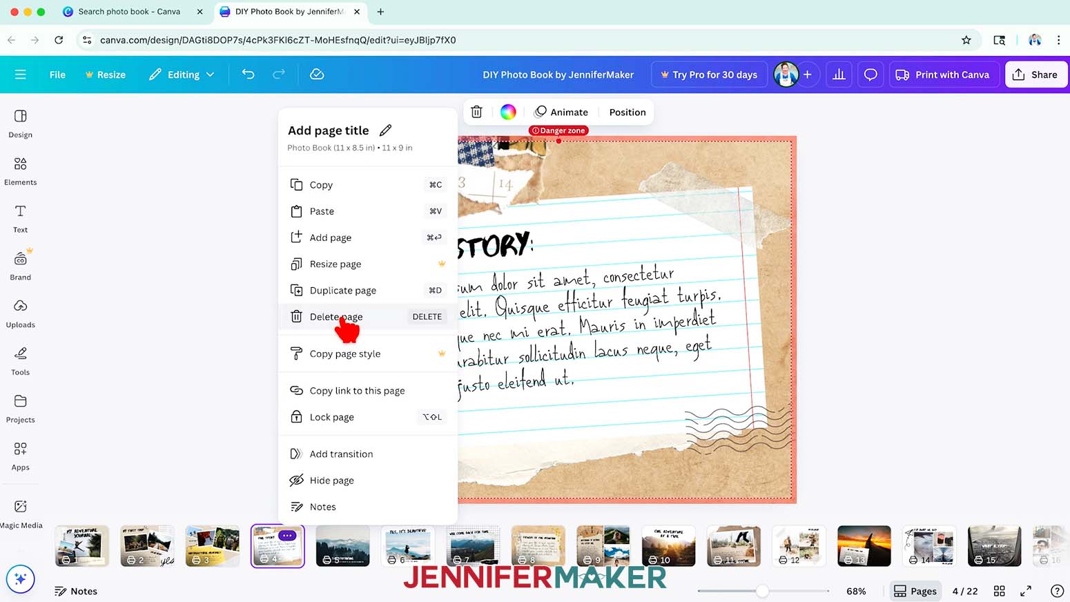 Hover over a page thumbnail, click the three dots that appear, and then click &ldquo;Delete page.&rdquo;