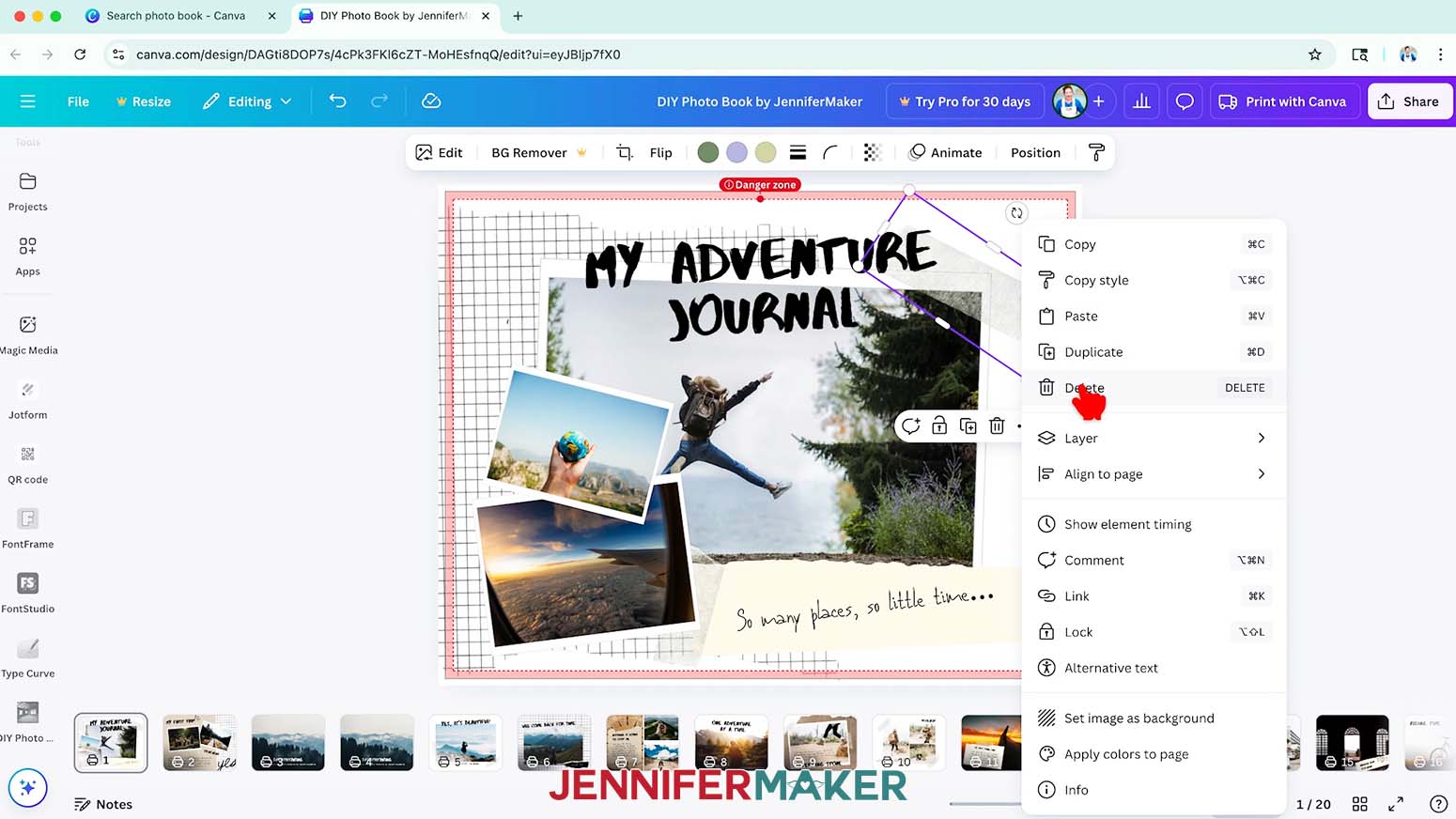 Click the &ldquo;Delete&rdquo; icon that looks like a trash can to remove an element from your photo book in Canva.