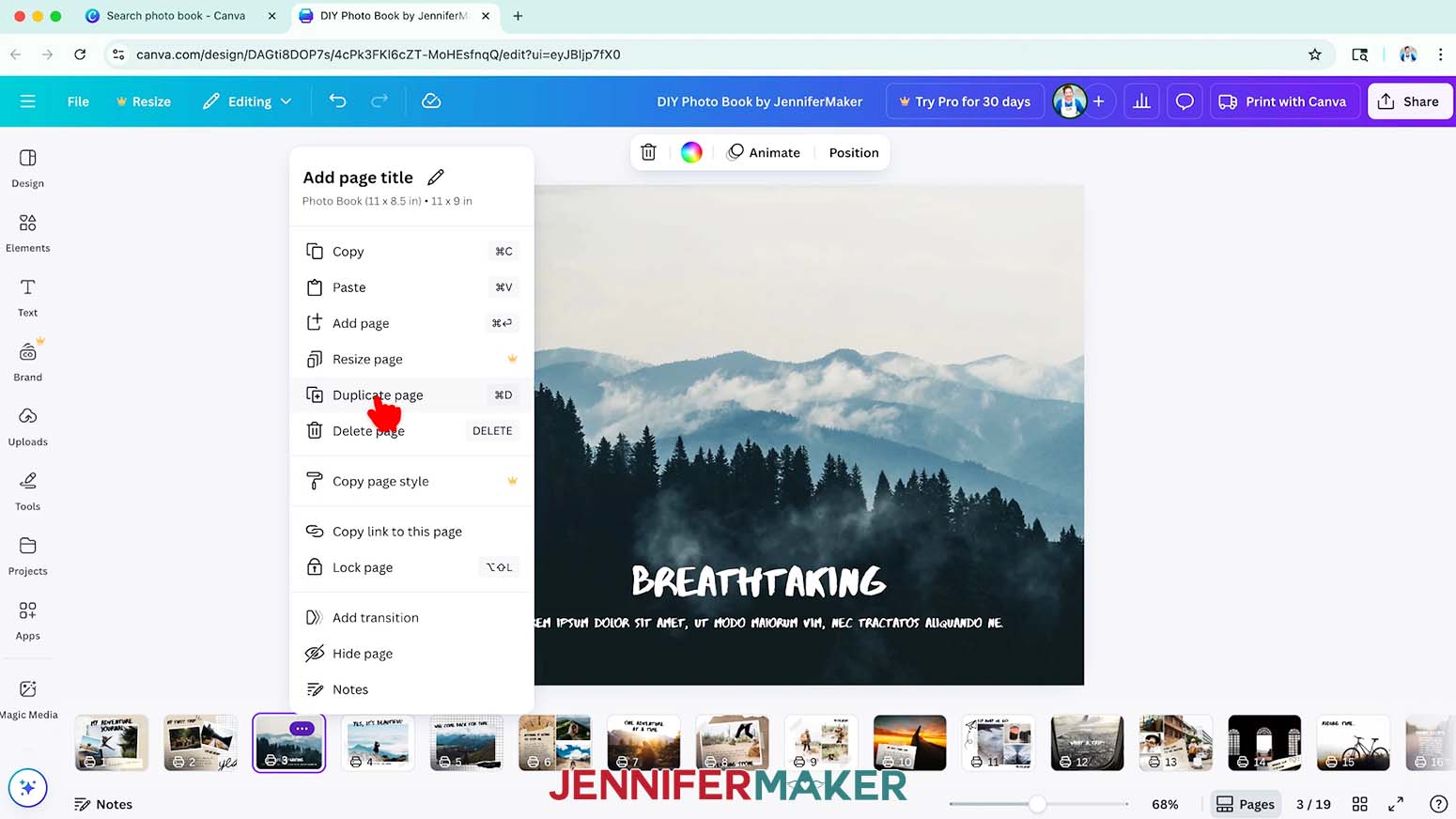 Hover over a page thumbnail, click the three dots that appear, and then click &ldquo;Duplicate page.&rdquo;