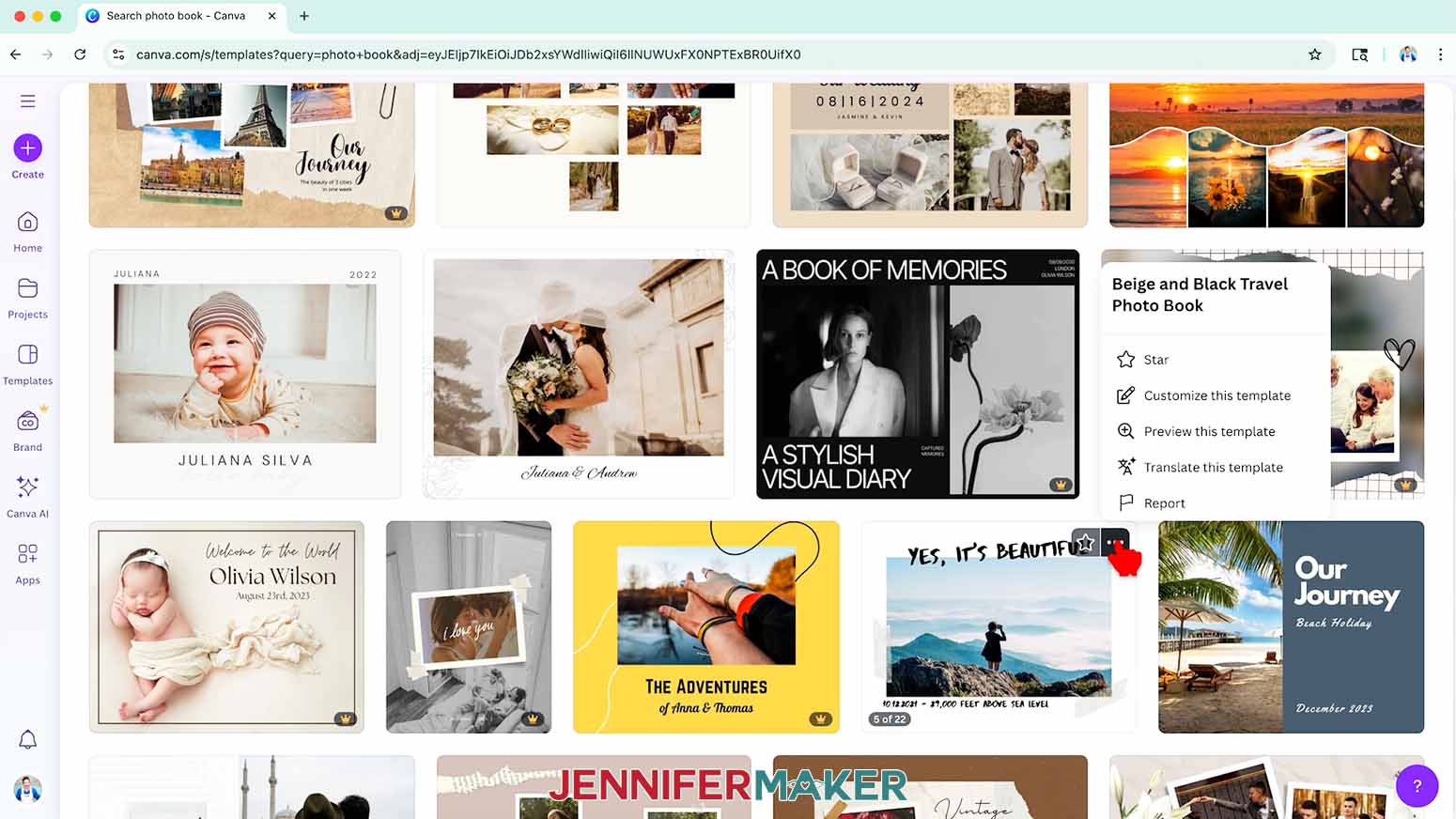 Choose the &ldquo;Beige and Black Travel Photo Book" template in Canva.