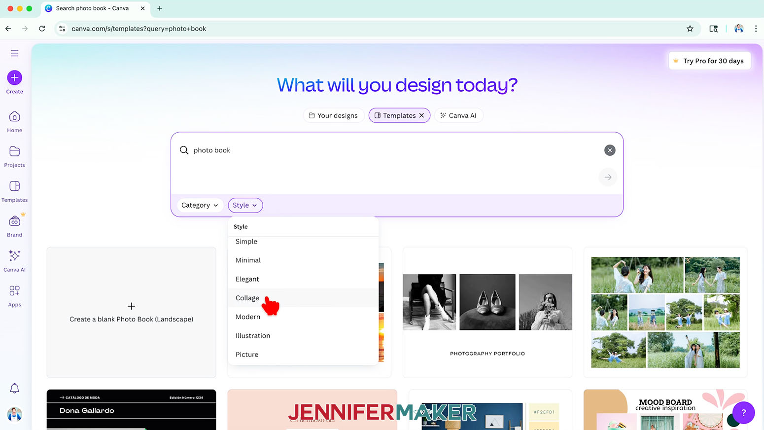 At the bottom of the Canva search box, click the &ldquo;Style&rdquo; drop-down menu and select "Collage."