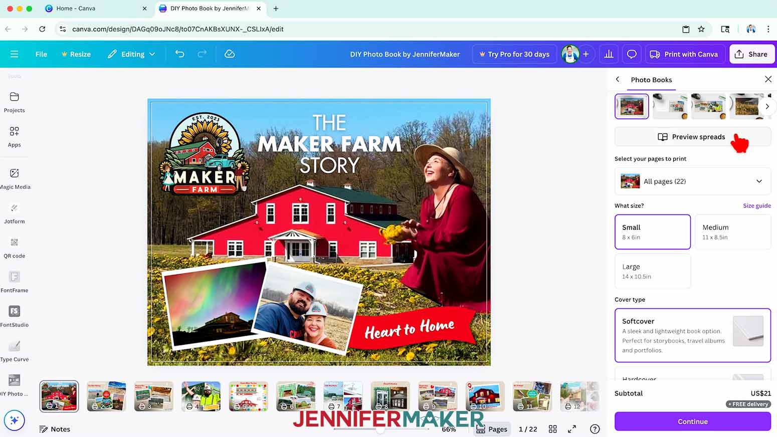 Click &ldquo;Preview spreads&rdquo; in Canva for your DIY photo book.