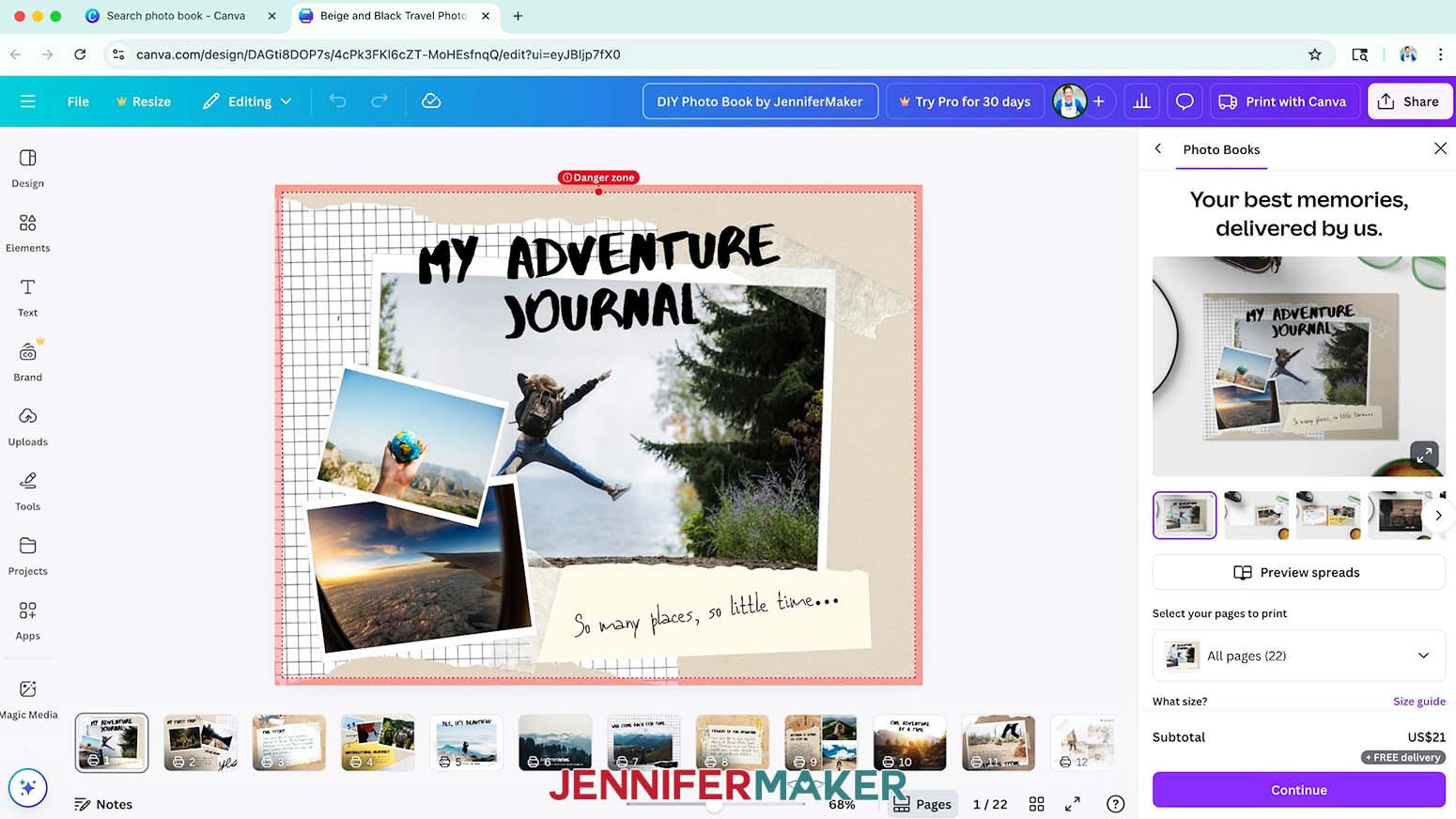 The &ldquo;Beige and Black Travel Photo Book" template open in Canva with the file name changed at the top.