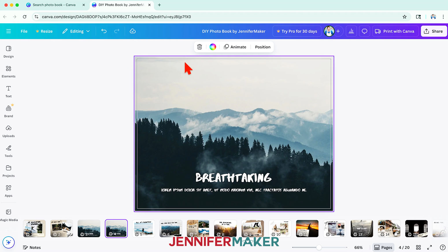 A Canva photo book page with "show print bleed" turned on.