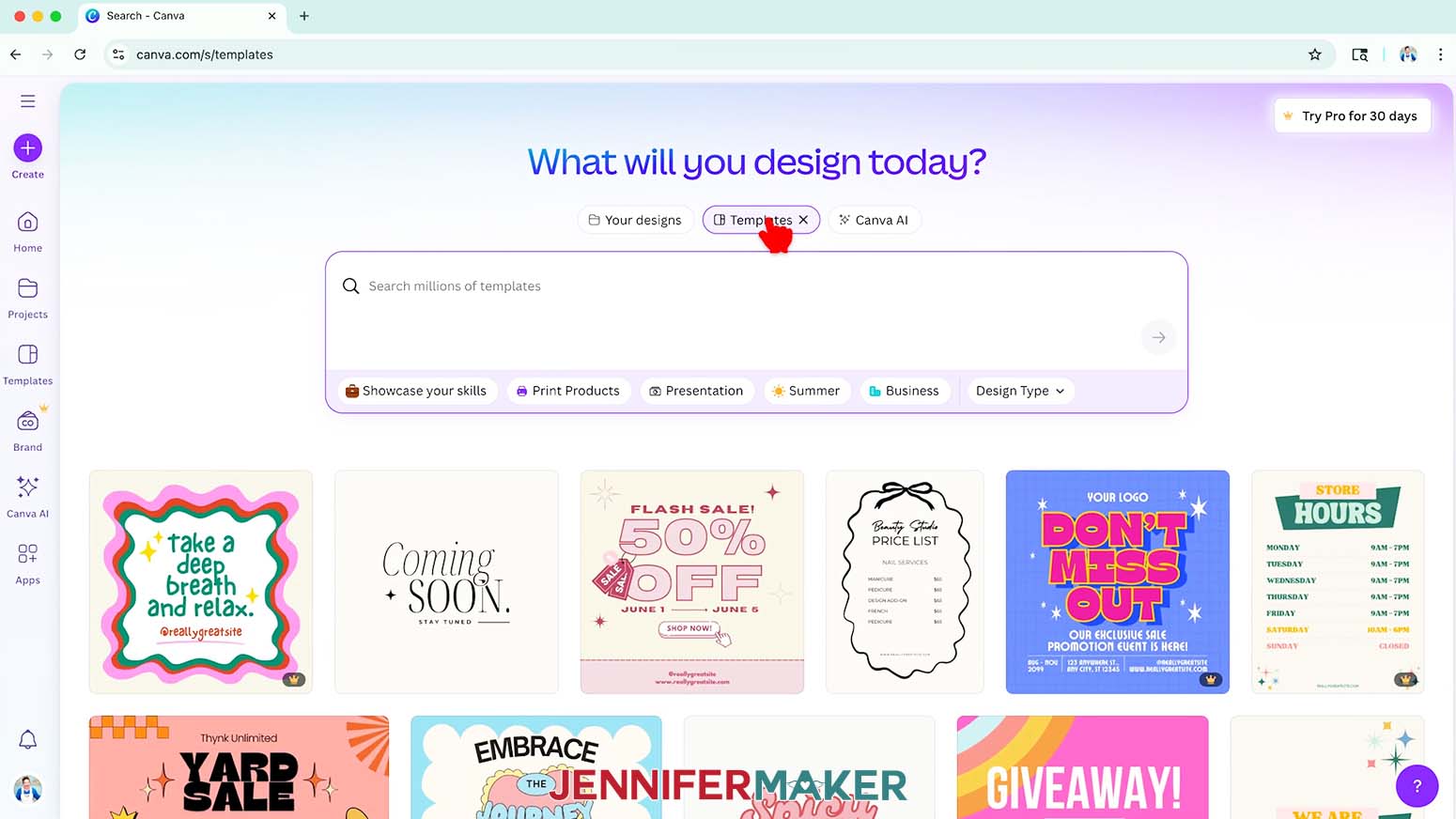 On the Canva Home screen, click the &ldquo;Templates&rdquo; button.