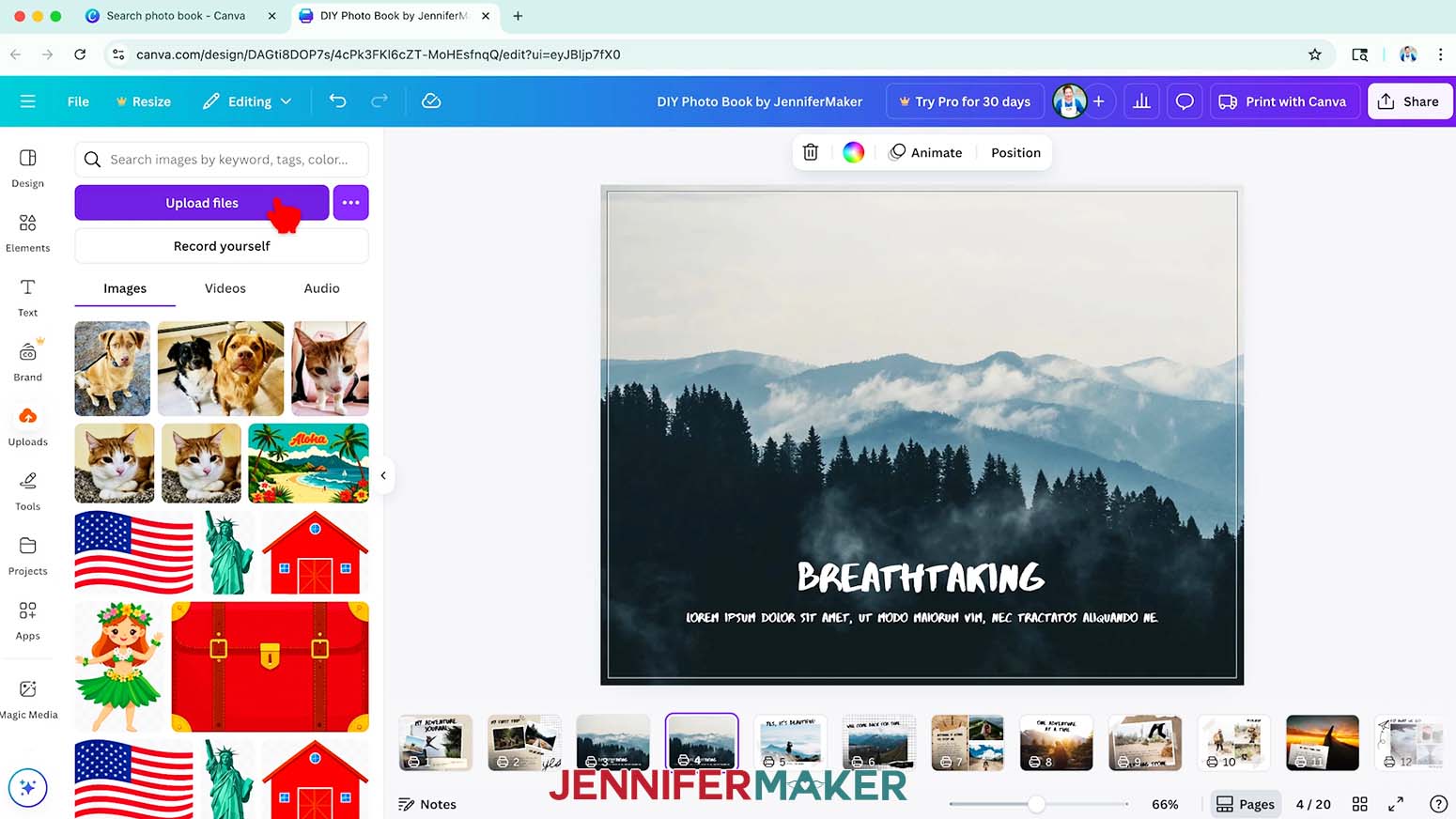 To add photos to your DIY Photo Book in Canva, click &ldquo;Uploads&rdquo; in the side panel and then &ldquo;Upload files.&rdquo;