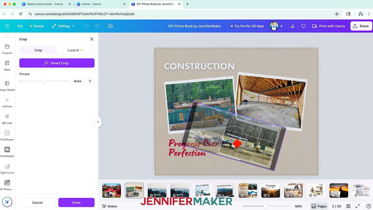 Click and drag a photo inside its frame to move the focal point for your Canva photo book.