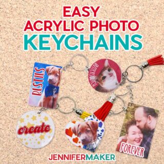 Several colorful DIY photo keychain examples made with a JenniferMaker tutorial.