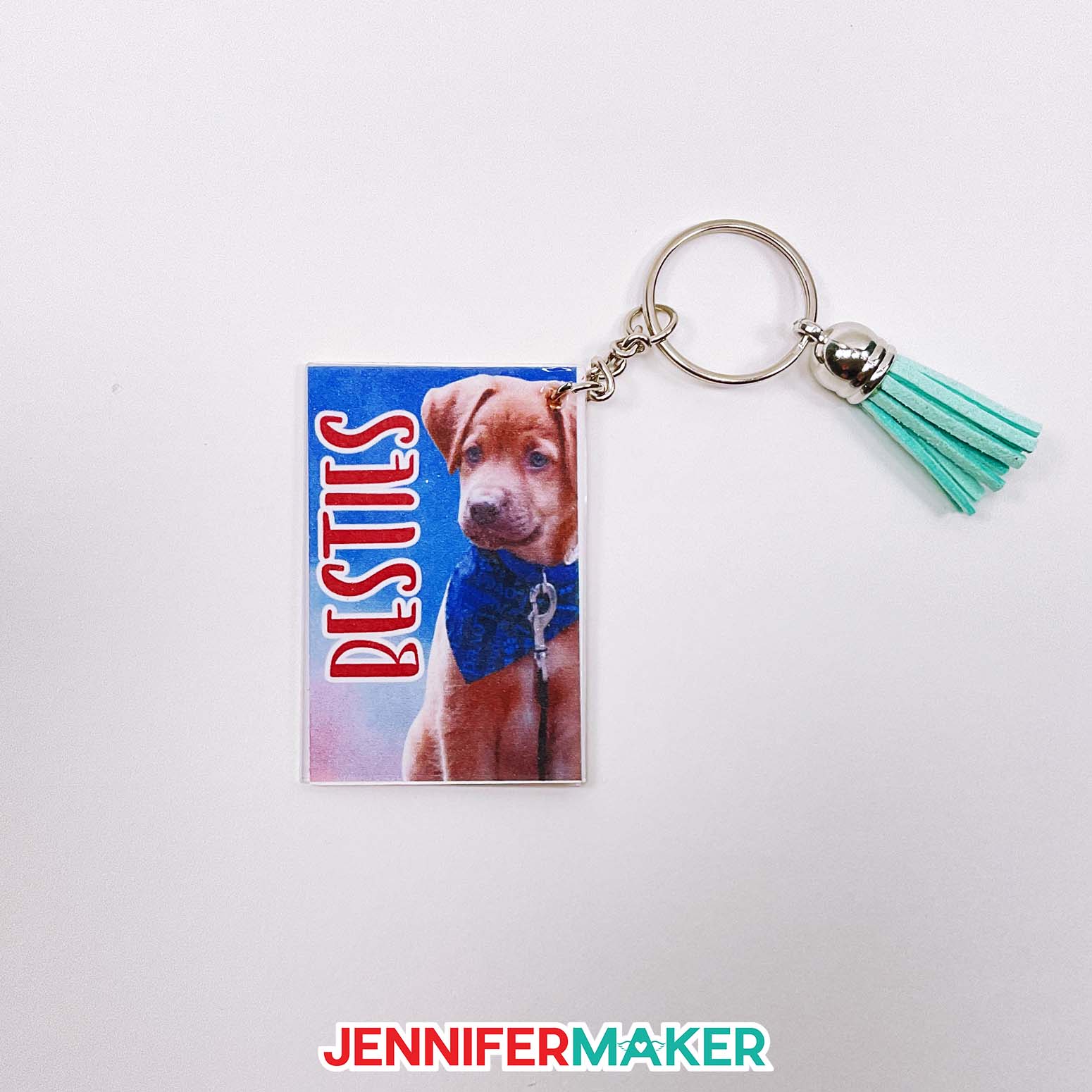Rectangle DIY photo keychain with a dog's image and the word besties.