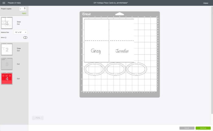 Mat Preview in Cricut Design Space showing the Christmas Place Cards