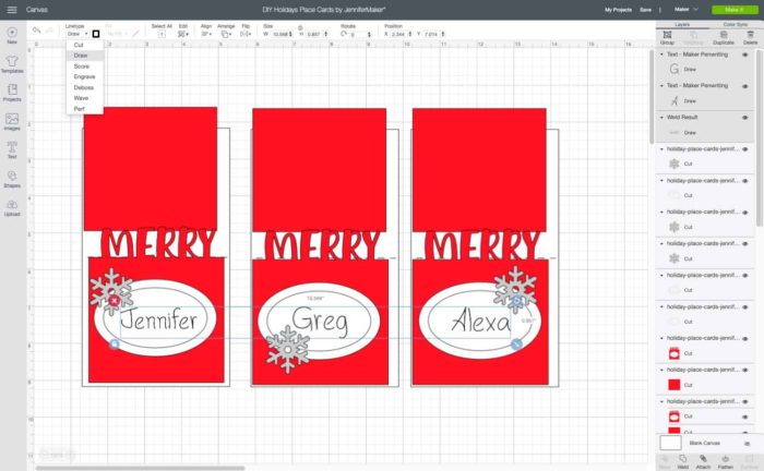 Draw layer and cut layer attached to make Christmas Place Cards