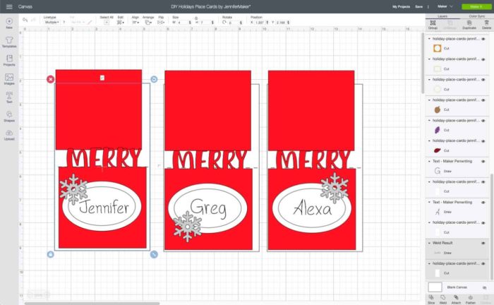 Draw layer and cut layer attached to make Christmas Place Cards