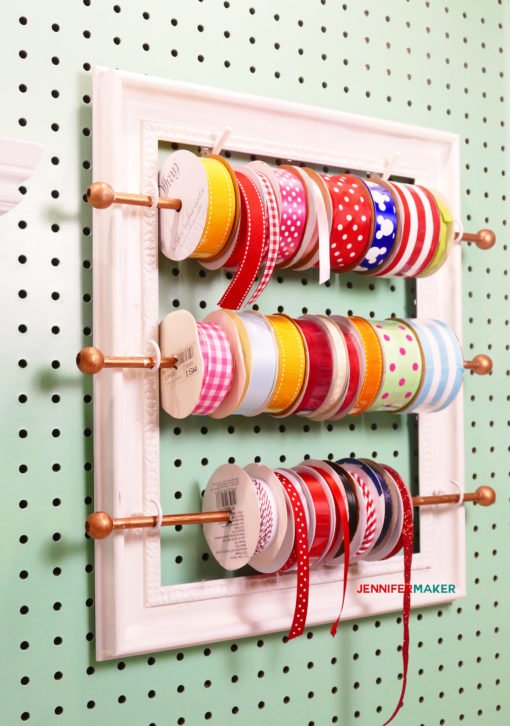 DIY Ribbon Organizer and Storage Frame for your Organized Craft Room! | #craftroom #organization #diy | cute pegboard accessories | ribbon rod