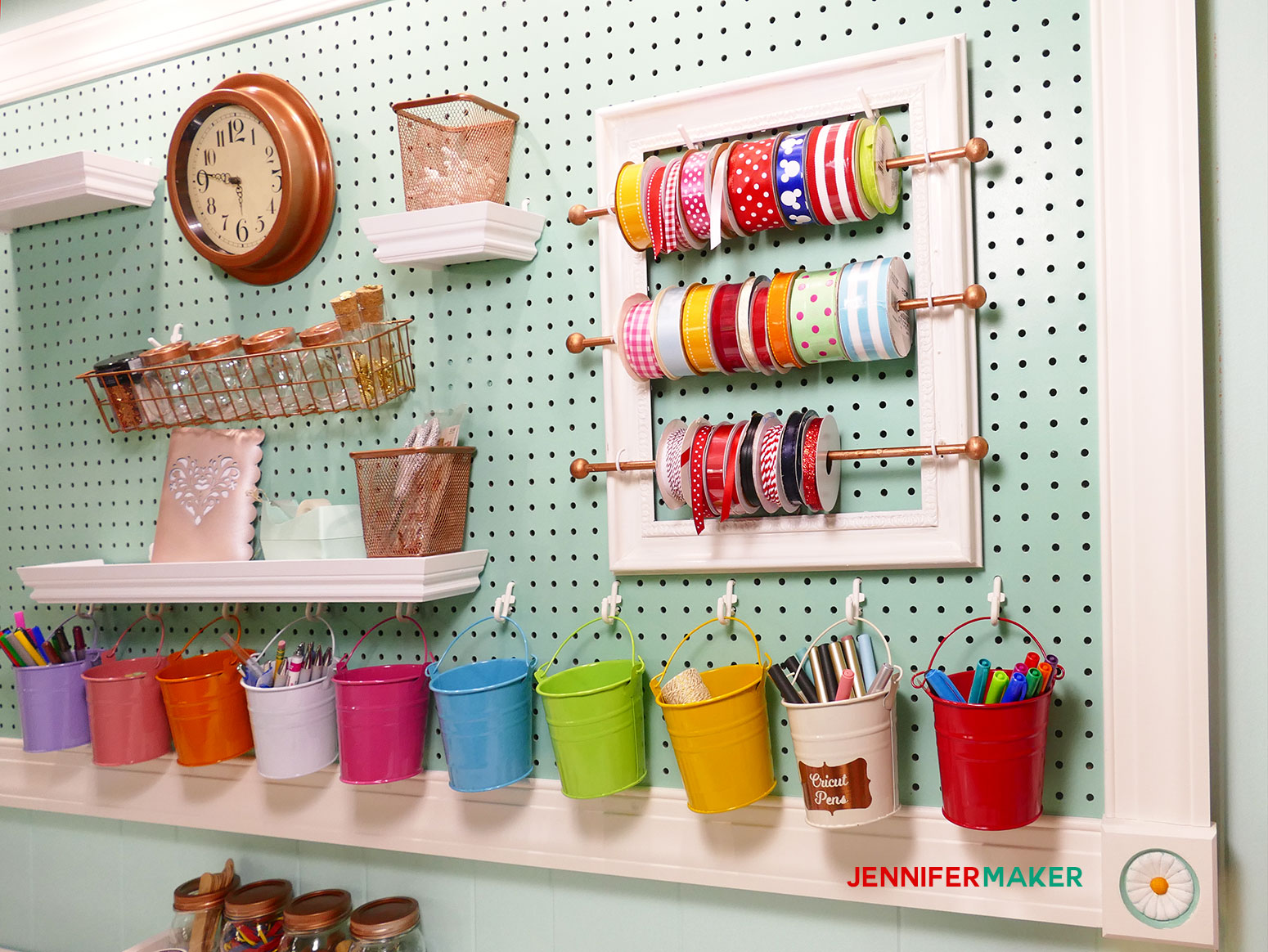 DIY Ribbon Organizer and Storage Frame for your Organized Craft Room! | #craftroom #organization #diy | cute pegboard accessories | ribbon rod