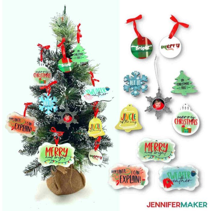 DIY sublimation ornaments on a mini Christmas tree
