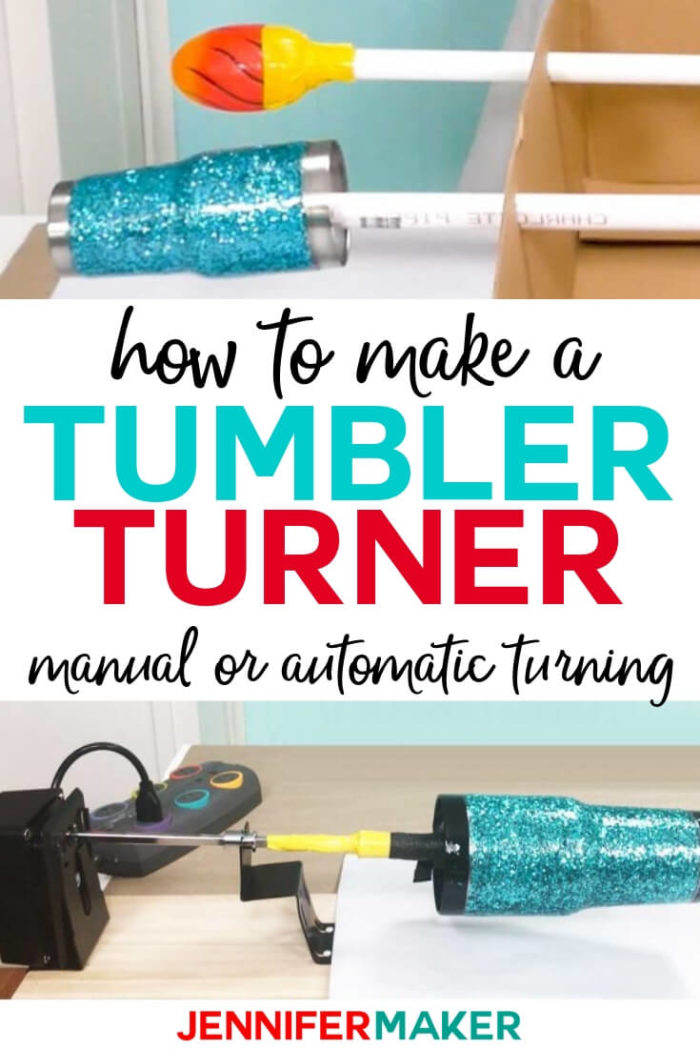 Learn how to make an inexpensive DIY tumbler turner in two different ways -- the low tech super cheap method of a cardboard box and PVC pipes, or the still inexpensive rotisserie turner method! Both are easy ways to make cup turners for your glitter tumblers!  #diy #tutorial #craftprojects