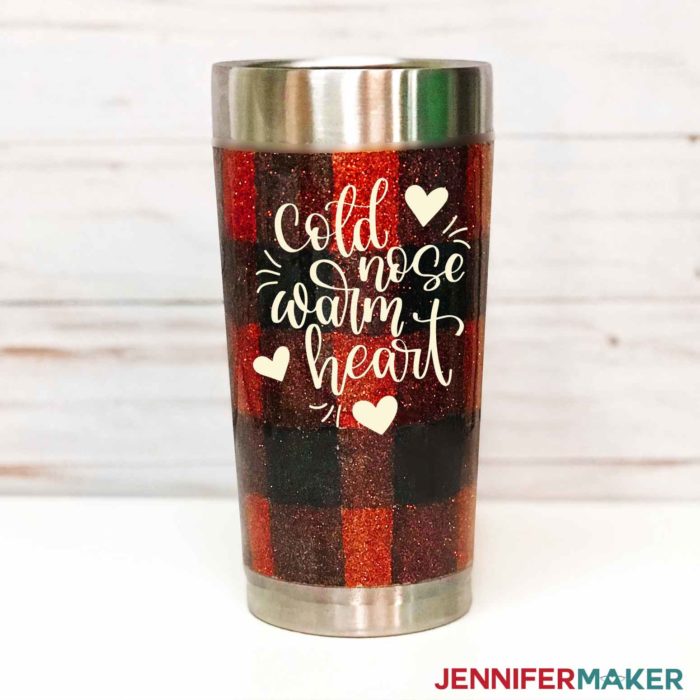 DIY Vinyl Decal of "Cold Nose Warm Heart" on a Buffalo Check Plaid Glitter Tumbler