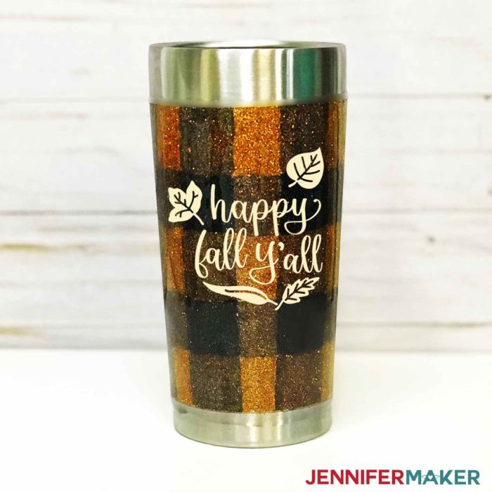 DIY Vinyl Decal of "It's Fall Y'All" on a Fall-Themed Plaid Glitter Tumbler