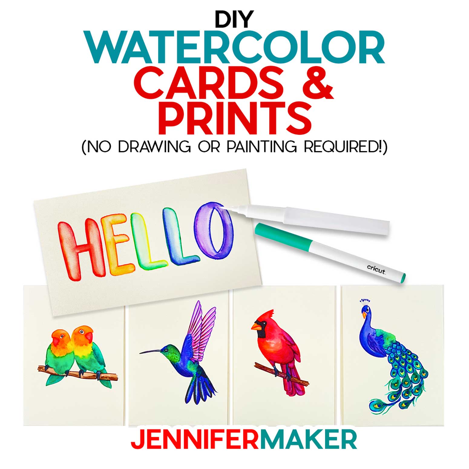 DIY Watercolor Cards featuring birds painted with Cricut watercolor markers for cards and prints with free designs by JenniferMaker