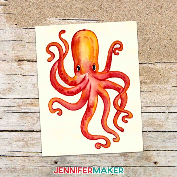A DIY watercolor card featuring an octopus made with Cricut watercolor markers.