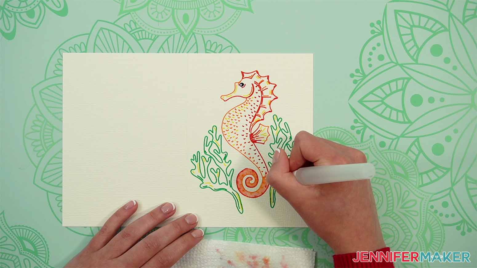 starting at the end of the tail paint the body of the seahorse