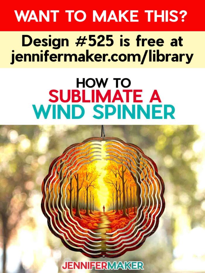 Learn how to sublimate a DIY wind spinner with JenniferMaker's tutorial! A vibrant sublimated wind spinner hangs outdoors, printed with a beautiful orange and brown-toned autumn woods scene. Want to make this? Design #525 is free at jennifermaker.com/library.