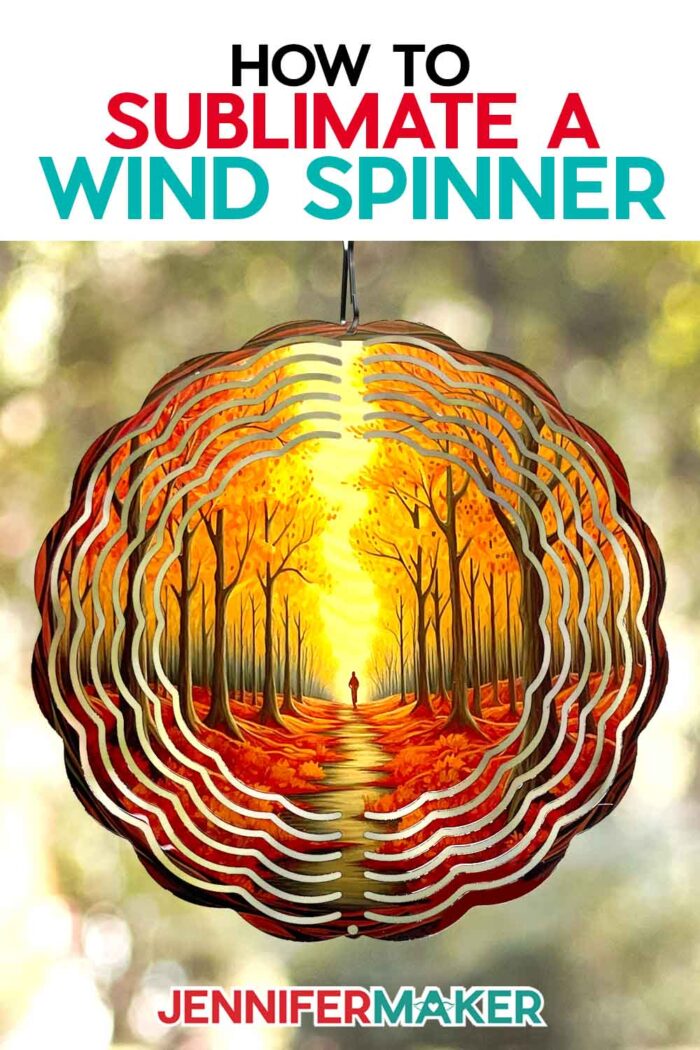 Learn how to sublimate a DIY wind spinner with JenniferMaker's tutorial! A vibrant sublimated wind spinner hangs outdoors, printed with a beautiful orange and brown-toned autumn woods scene.
