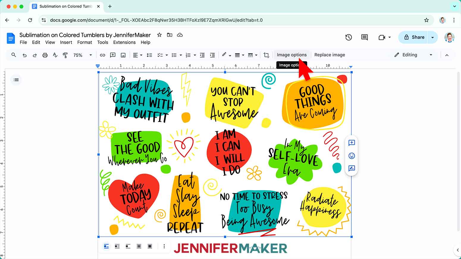 Graffiti design open in Google docs, selecting Image options