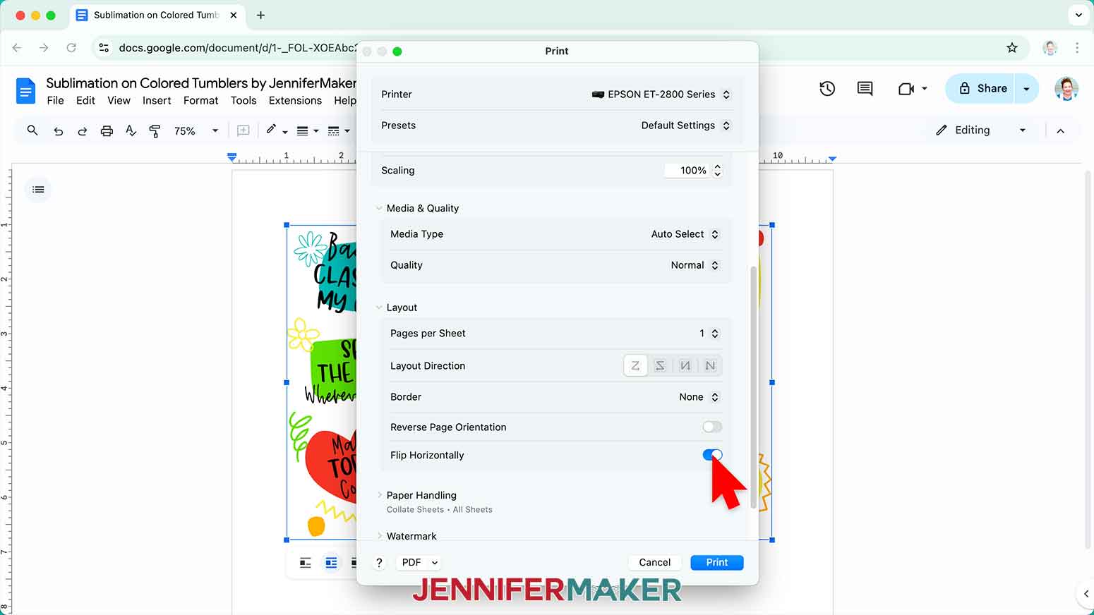 Google docs print window open, flip horizontally toggled on