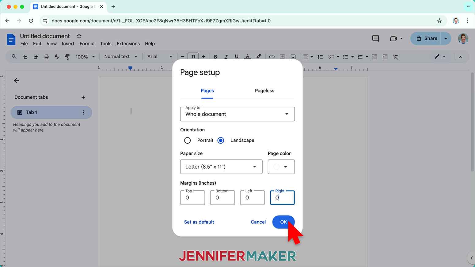 Google docs page set up window open, margins set to zero