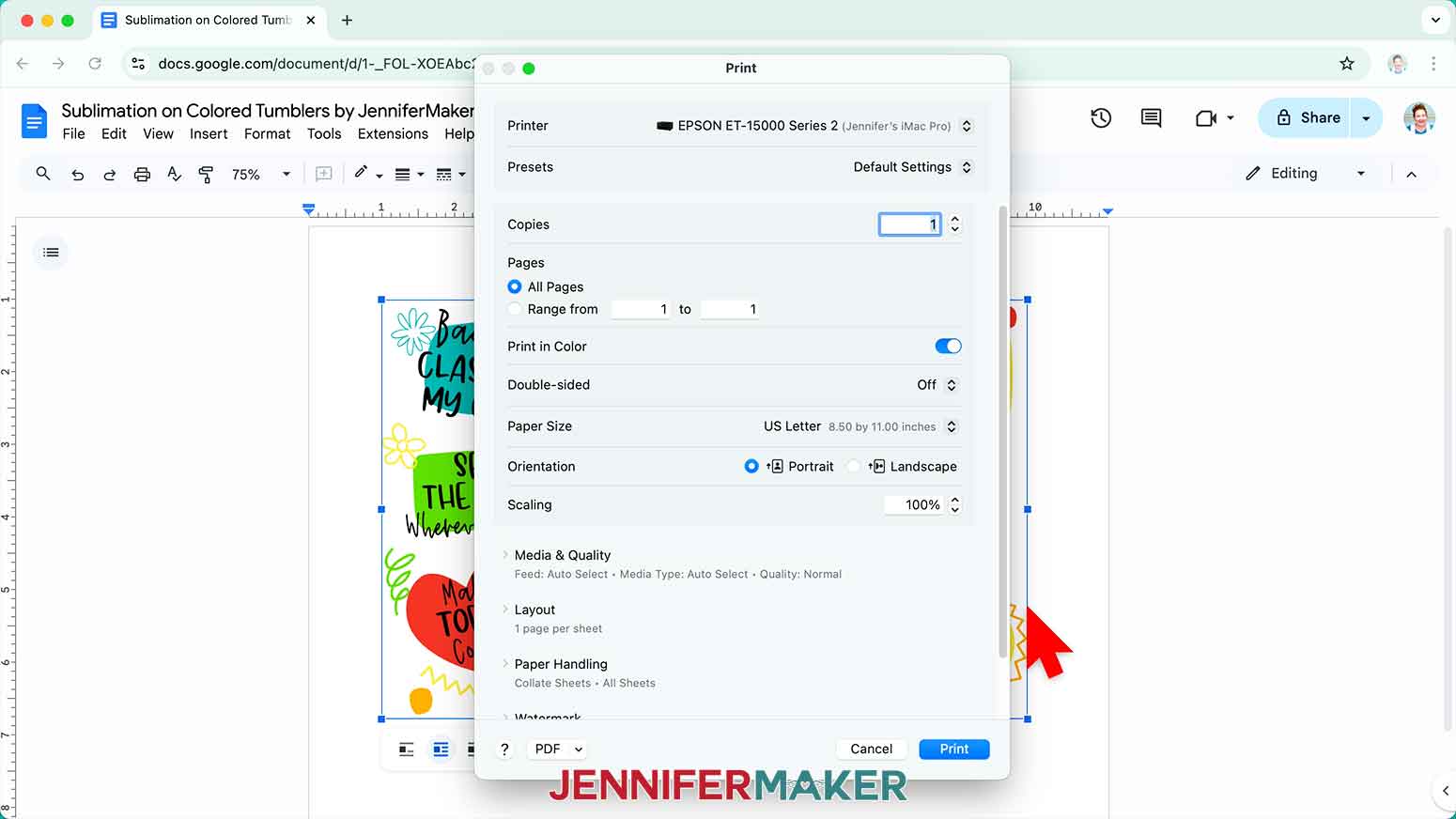 Print dialog box open in Google docs