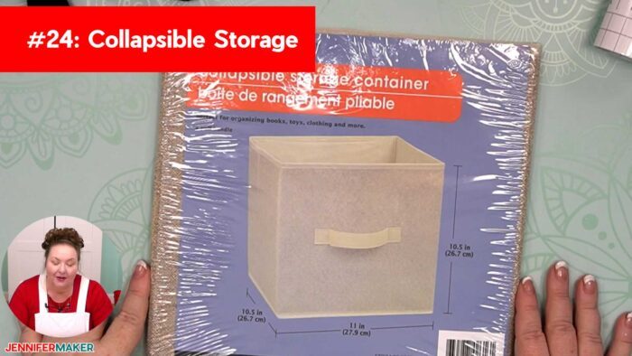 Jennifer Maker holding the collapsible storage from Dollar Tree
