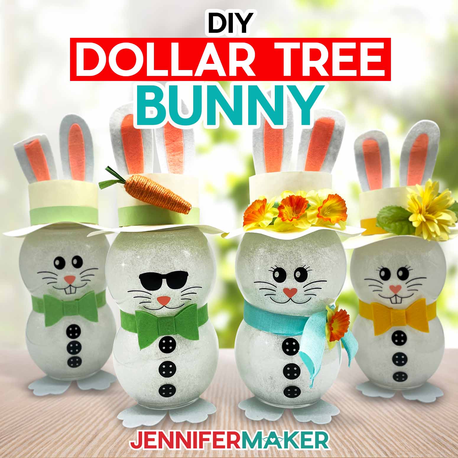 Cute, sparkly, light-up Easter Bunnies made from items from Dollar Tree! Make one under ten dollars with JenniferMaker's DIY Dollar Tree Bunny for Easter tutorial.