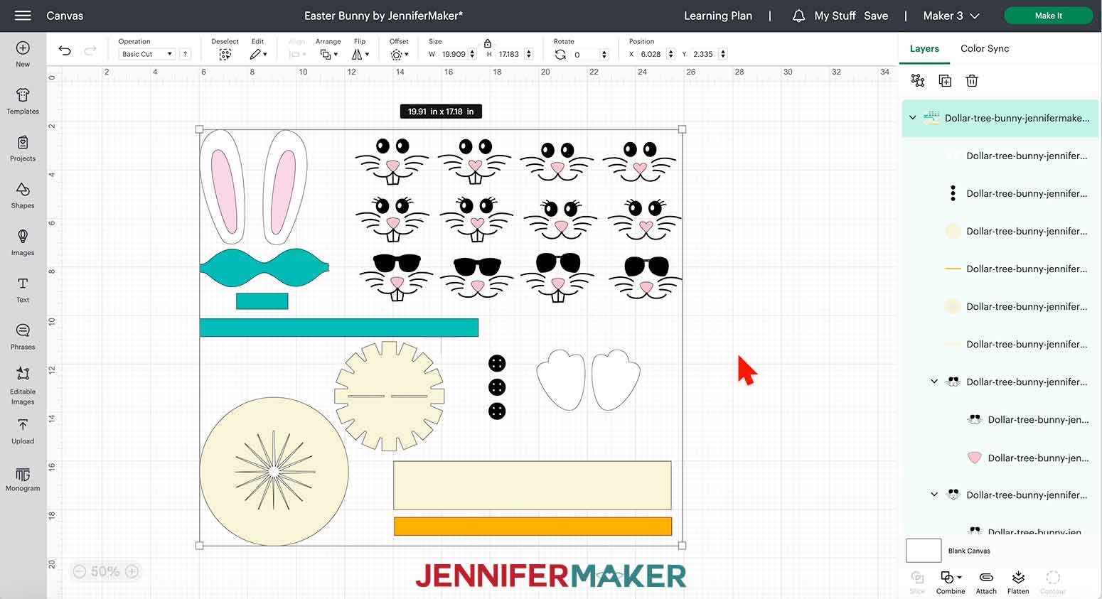 Dollar Tree Bunny SVG file uploaded to Cricut Design Space canvas.