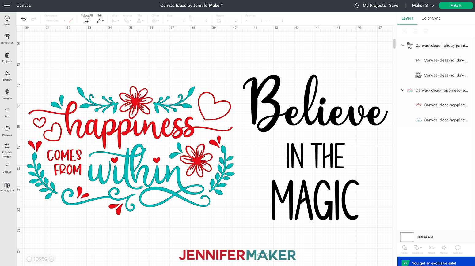 Happiness and Believe SVG designs on Design Space canvas.