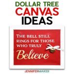 A reverse canvas with red background and white frame, with a Christmas sentiment and bell attached for Dollar Tree canvas ideas tutorial.