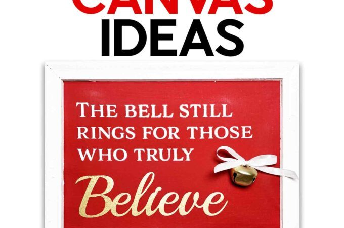 A reverse canvas with red background and white frame, with a Christmas sentiment and bell attached for Dollar Tree canvas ideas tutorial.