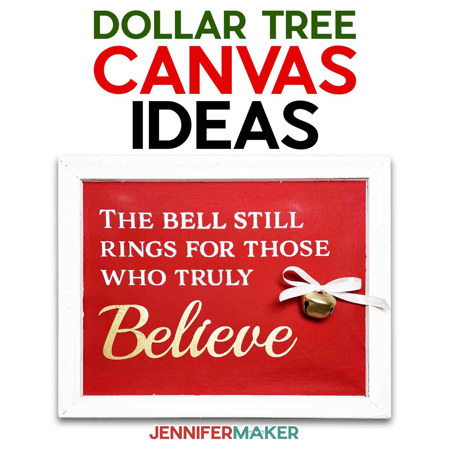 A reverse canvas with red background and white frame, with a Christmas sentiment and bell attached for Dollar Tree canvas ideas tutorial.