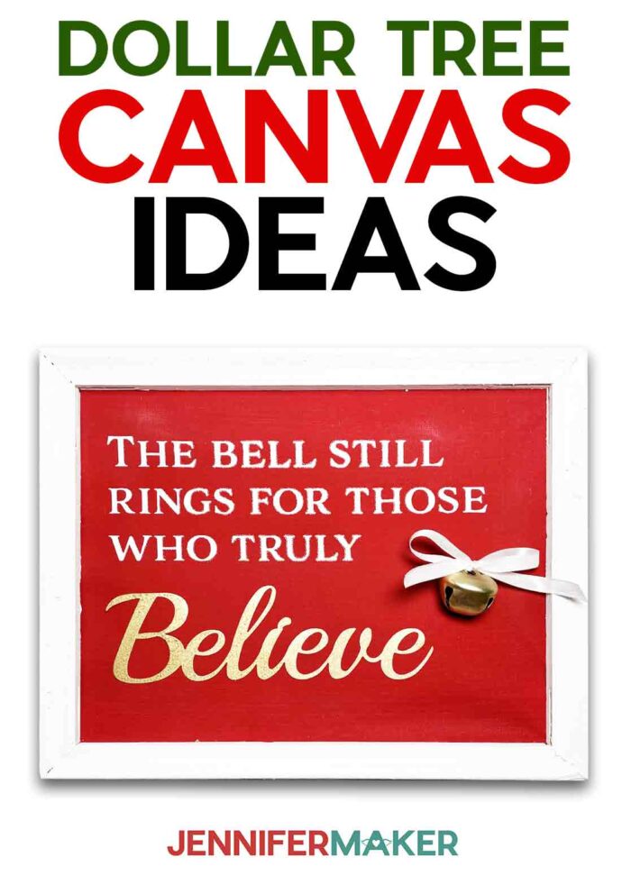 A reverse canvas with red background and white frame, with a Christmas sentiment and bell attached for Dollar Tree canvas ideas tutorial.