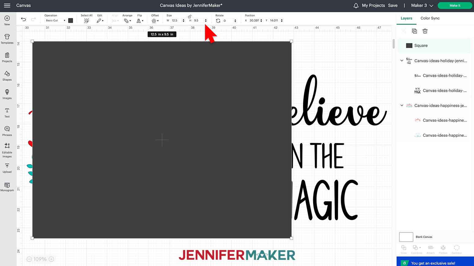 Click on Shapes and Square to unlock and make a square rectangle for a canvas sizing guide.