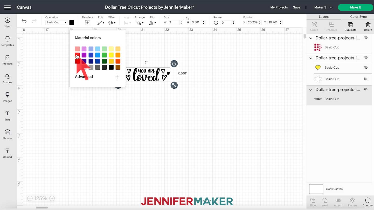 The Cricut Design Space canvas showing the dropdown color menu showing how to change the layer color.