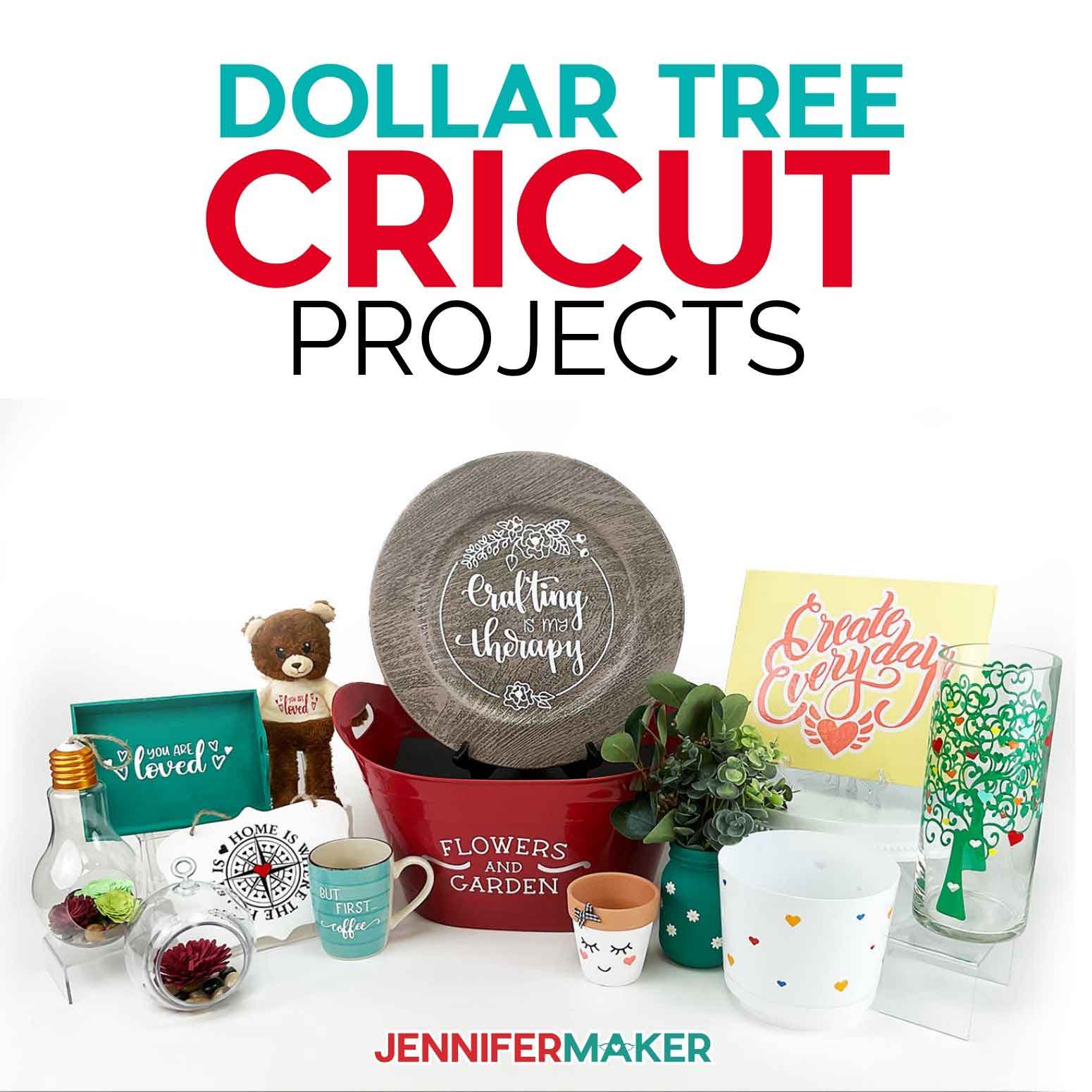 Dollar tree items with vinyl decorations made on the Cricut under the phrase Dollar Tree Cricut Projects.