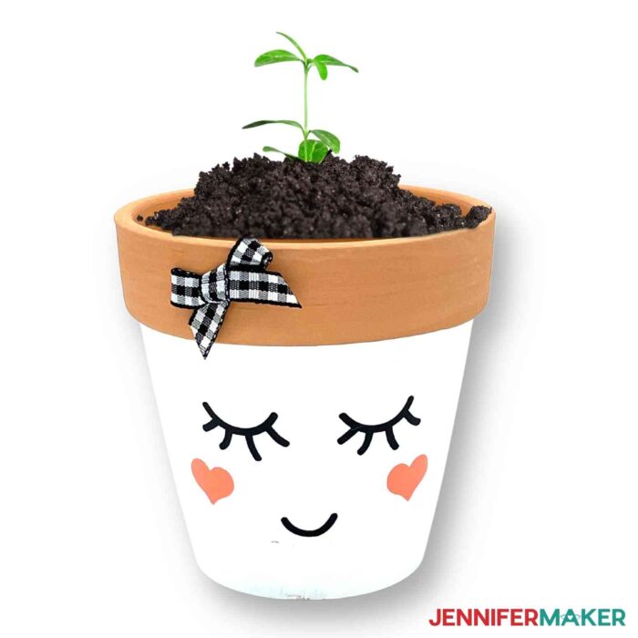 Terra-Cotta pot painted with with a peaceful vinyl face decal and a growing sprout from Dollar Tree Cricut Projects.