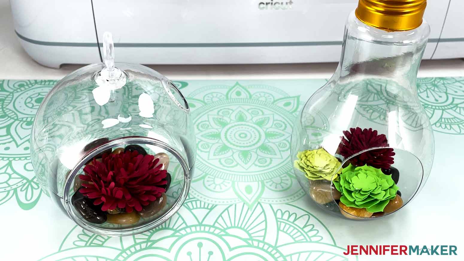 Dollar Tree Cricut Projects showing two terrariums with an alternate lightbulb shape and smaller succulents.