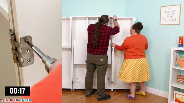 Jennifer Maker and her parter Greg Reese screwing the side boxes to a DreamBox 2 craft storage solution in her craft room.