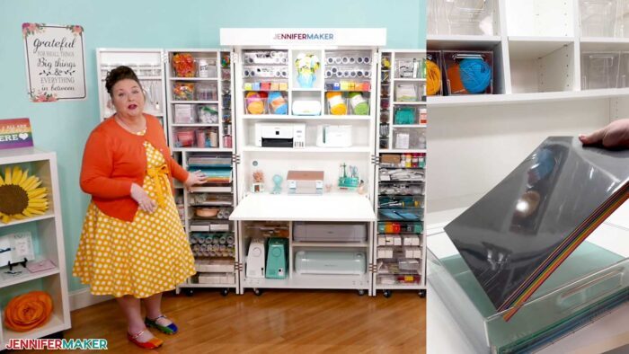 Jennifer Maker demonstrating big storage bins fitting packs of 12" x 12" cardstock in the DreamBox 2 craft storage furniture.