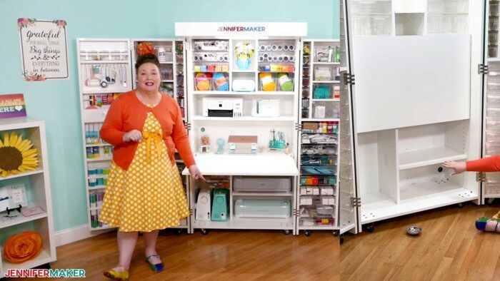 Jennifer Maker demonstrating two Cricut cutting machines and two portable sewing machines fitting in the DreamBox 2 craft storage furniture's lower area.