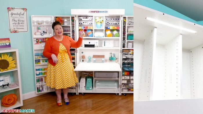 Jennifer Maker standing in front on her assembled and filled DreamBox 2 craft storage furniture showing the lights.